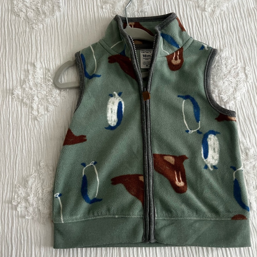 Carter's Sage Green Fleece Vest with Blue Penguin & Brown Bear Print NWOT